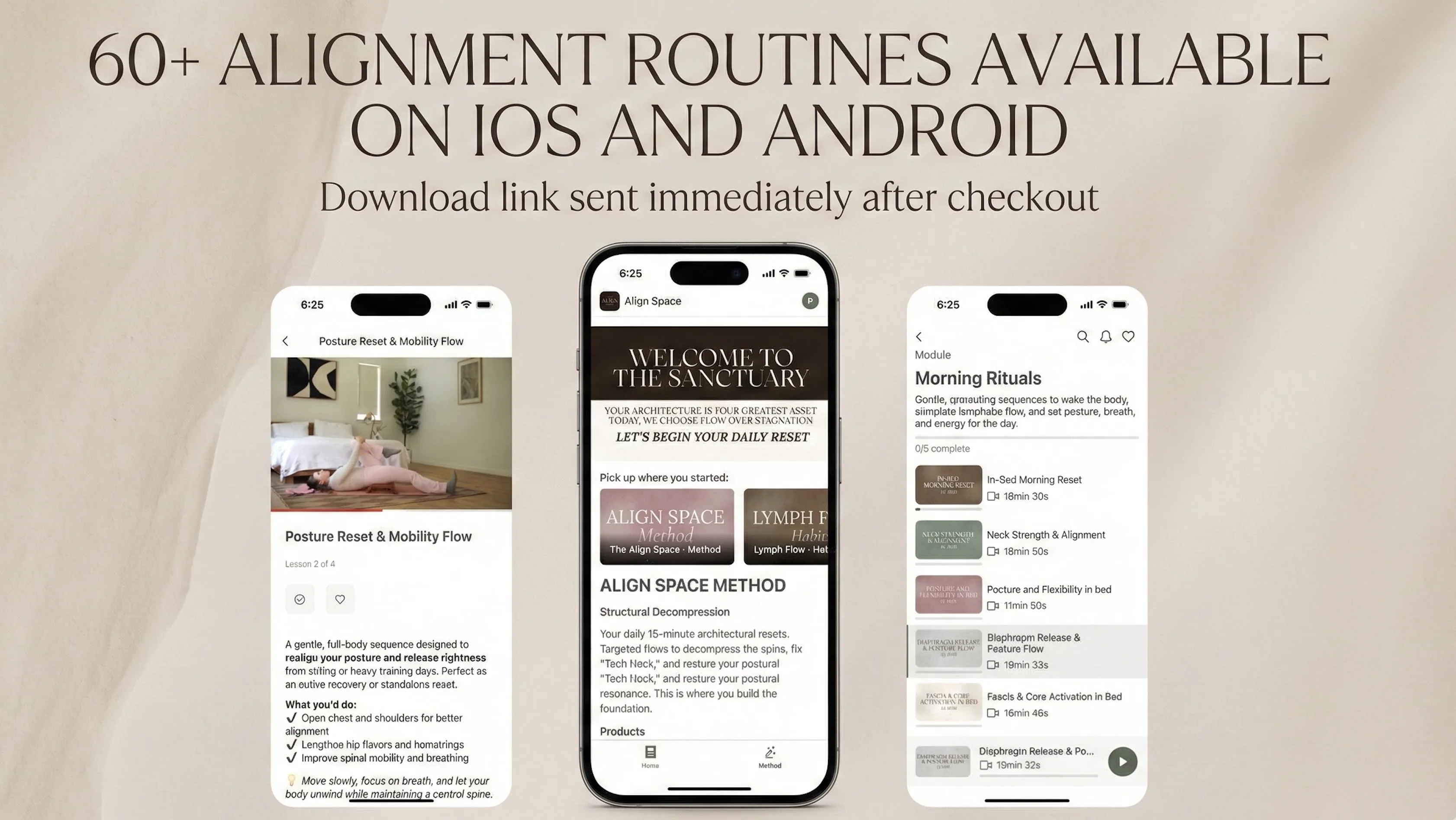 The Align Space app on iPhone — Welcome to the Sanctuary screen, with instant access, free download, and cancel-anytime guarantees